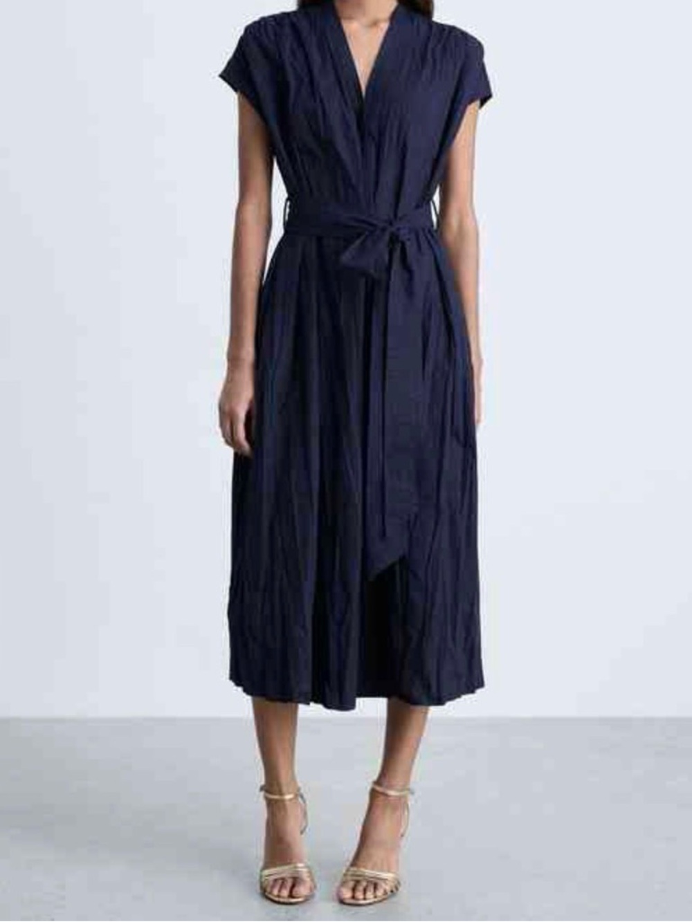 Mango Navy Midi Crinkle Dress